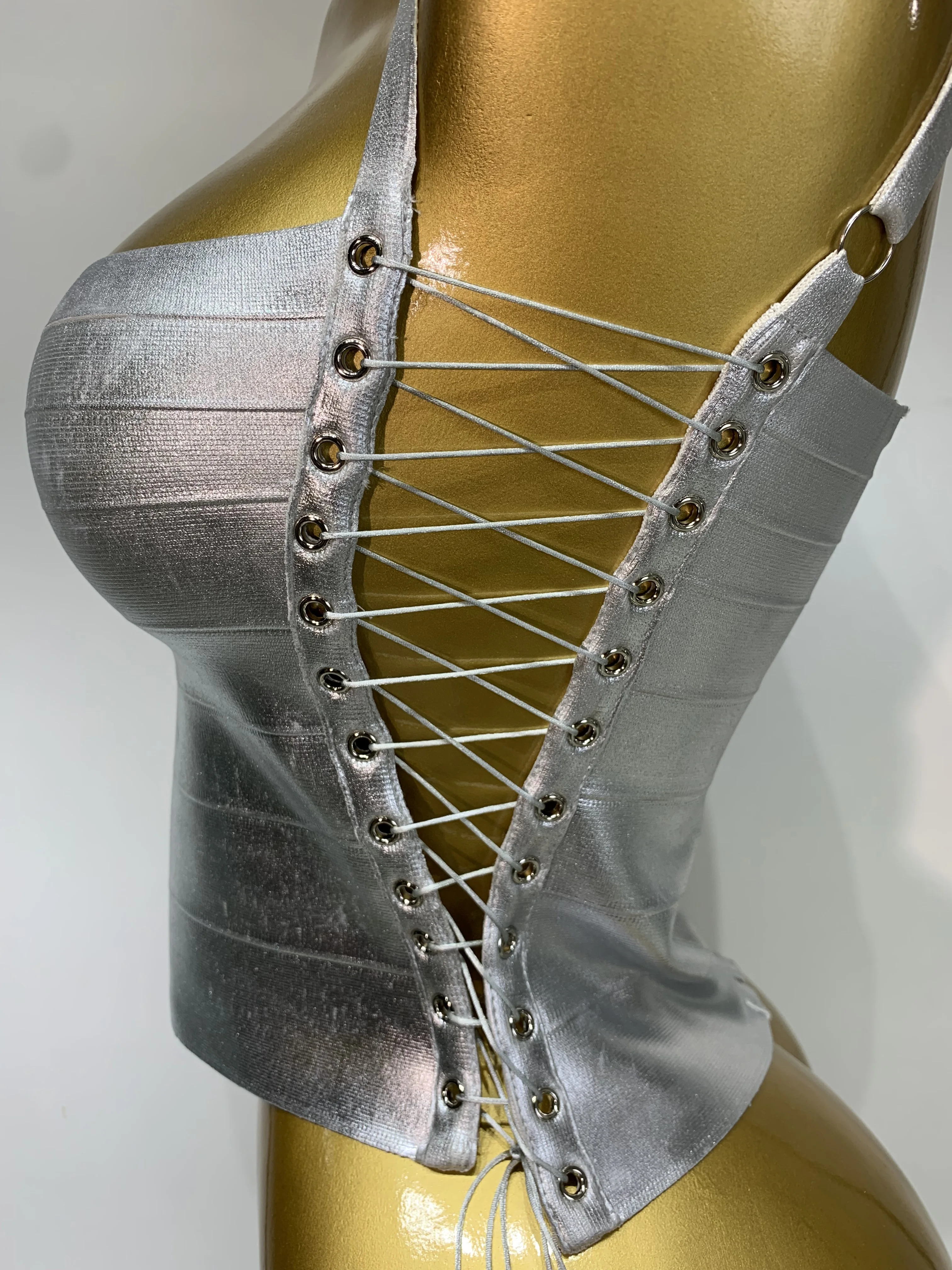 Sparkly Slver Gold Bandage Top Women Sexy Nightclub Evening Party Backless Spicy Girl High Street Stage Outfit