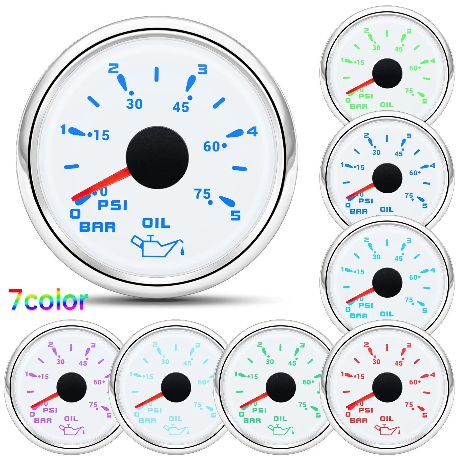 Custom Auto Car 52mm Oil Pressure Gauge+Sensor 7 Color Backlight 0~5Bar 0-10Bar Oil Press Meter with Sensor Marine Boat 12V24V