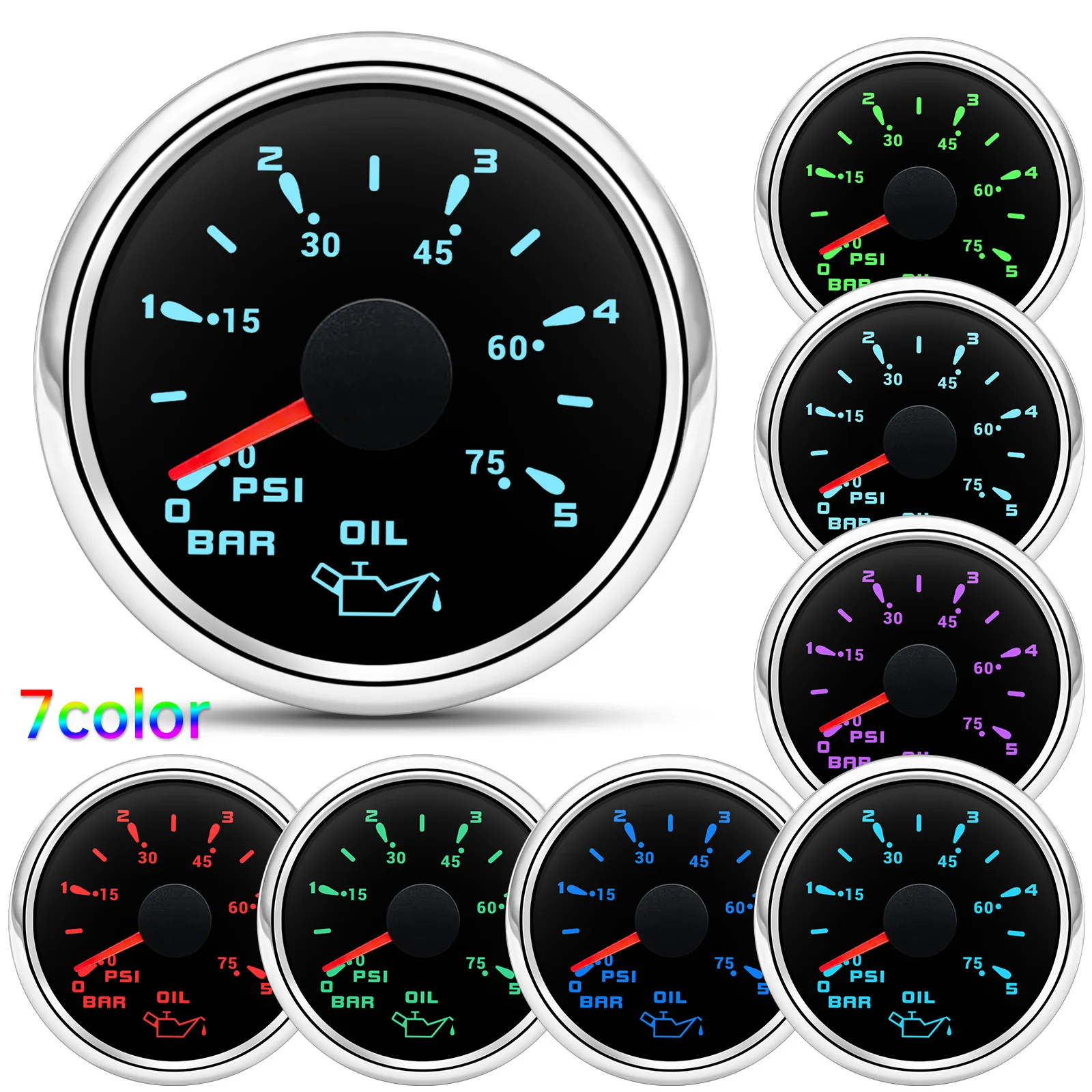 Custom Auto Car 52mm Oil Pressure Gauge+Sensor 7 Color Backlight 0~5Bar 0-10Bar Oil Press Meter with Sensor Marine Boat 12V24V