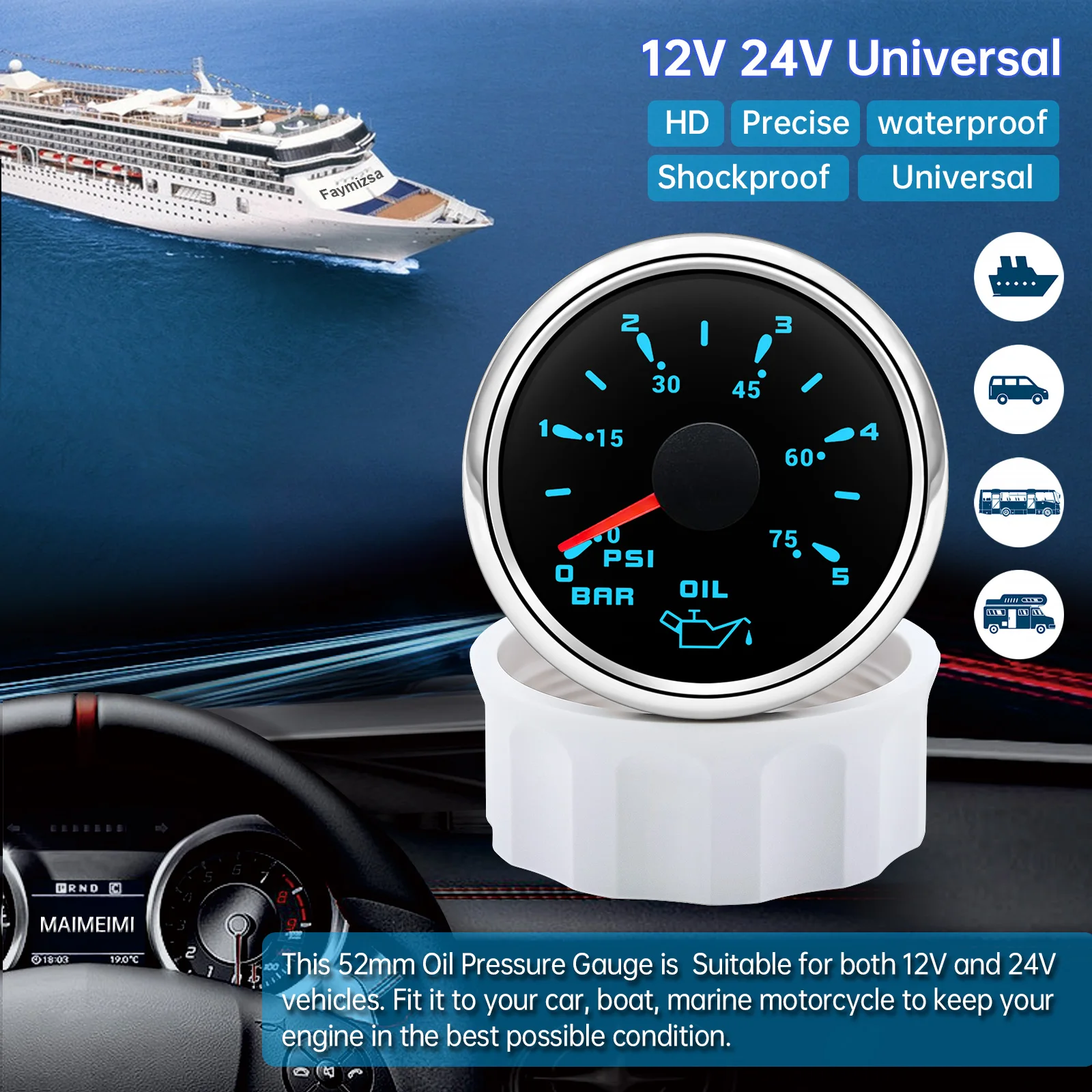 Custom Auto Car 52mm Oil Pressure Gauge+Sensor 7 Color Backlight 0~5Bar 0-10Bar Oil Press Meter with Sensor Marine Boat 12V24V