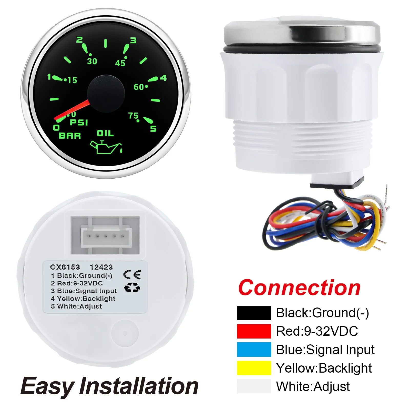 Custom Auto Car 52mm Oil Pressure Gauge+Sensor 7 Color Backlight 0~5Bar 0-10Bar Oil Press Meter with Sensor Marine Boat 12V24V