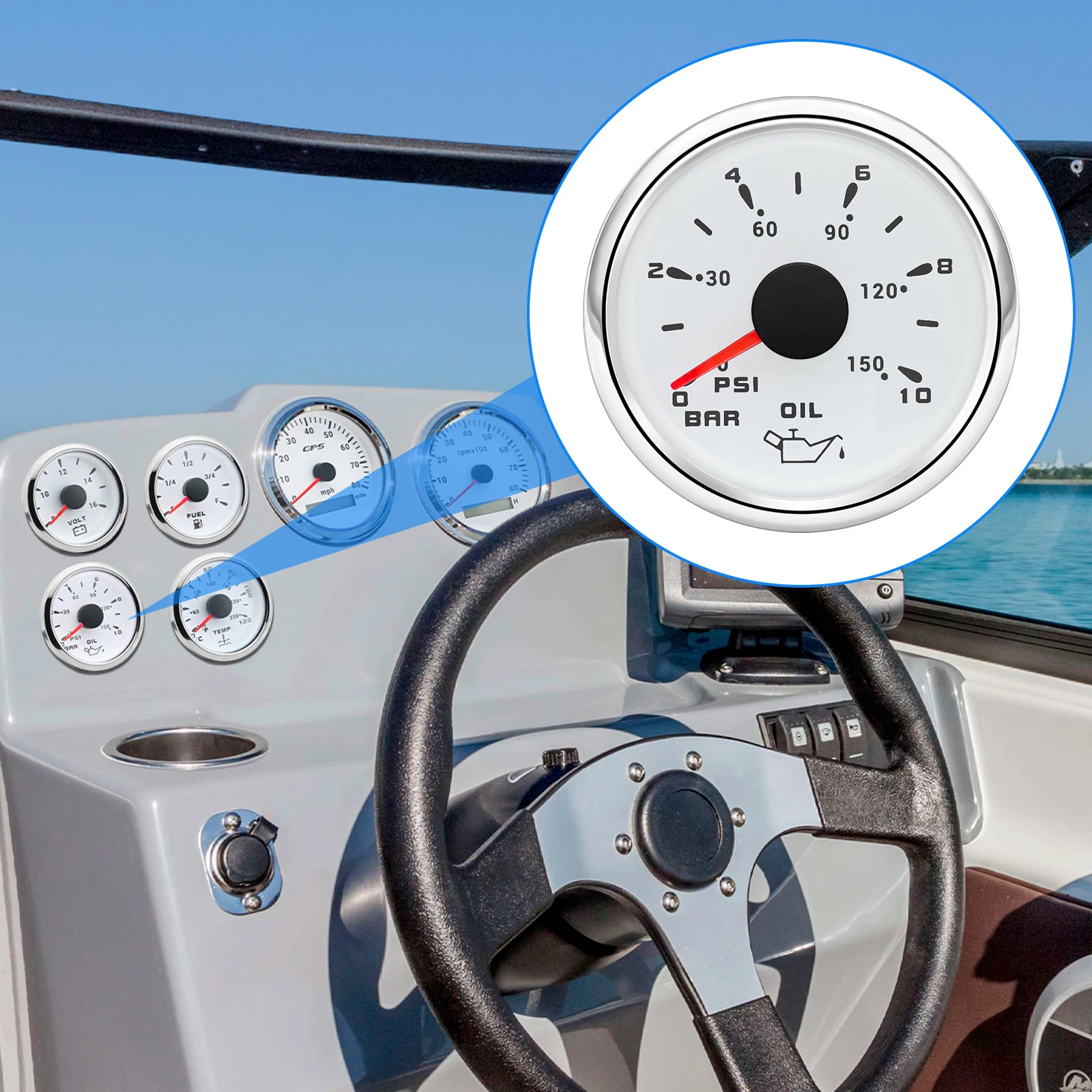 Custom Auto Car 52mm Oil Pressure Gauge+Sensor 7 Color Backlight 0~5Bar 0-10Bar Oil Press Meter with Sensor Marine Boat 12V24V