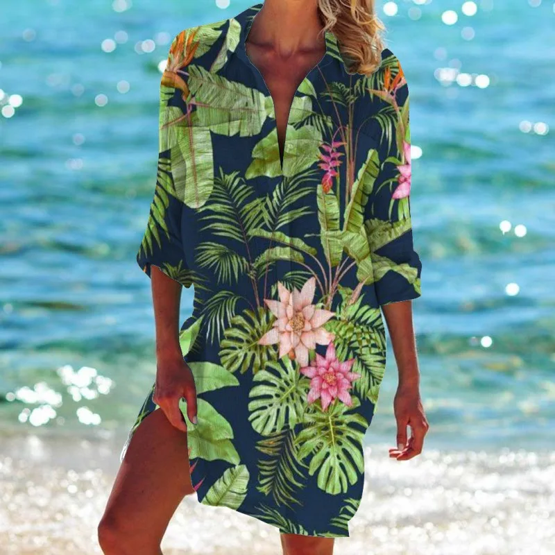 Summer Hawaii Beach Sunflower Leaf 3D Print Blouses Women Long Sleeve Mid-length Shirts Buttons Shirt Blouse Girls Pocket Tops