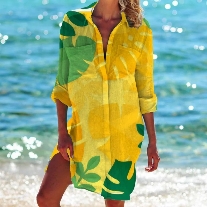 Summer Hawaii Beach Sunflower Leaf 3D Print Blouses Women Long Sleeve Mid-length Shirts Buttons Shirt Blouse Girls Pocket Tops