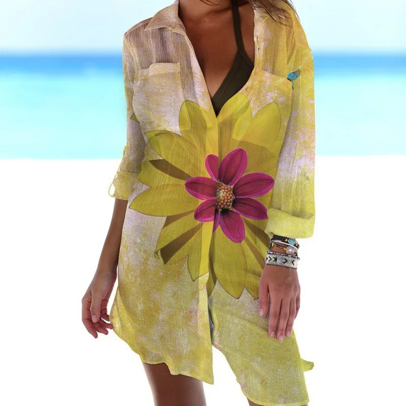 Summer Hawaii Beach Sunflower Leaf 3D Print Blouses Women Long Sleeve Mid-length Shirts Buttons Shirt Blouse Girls Pocket Tops