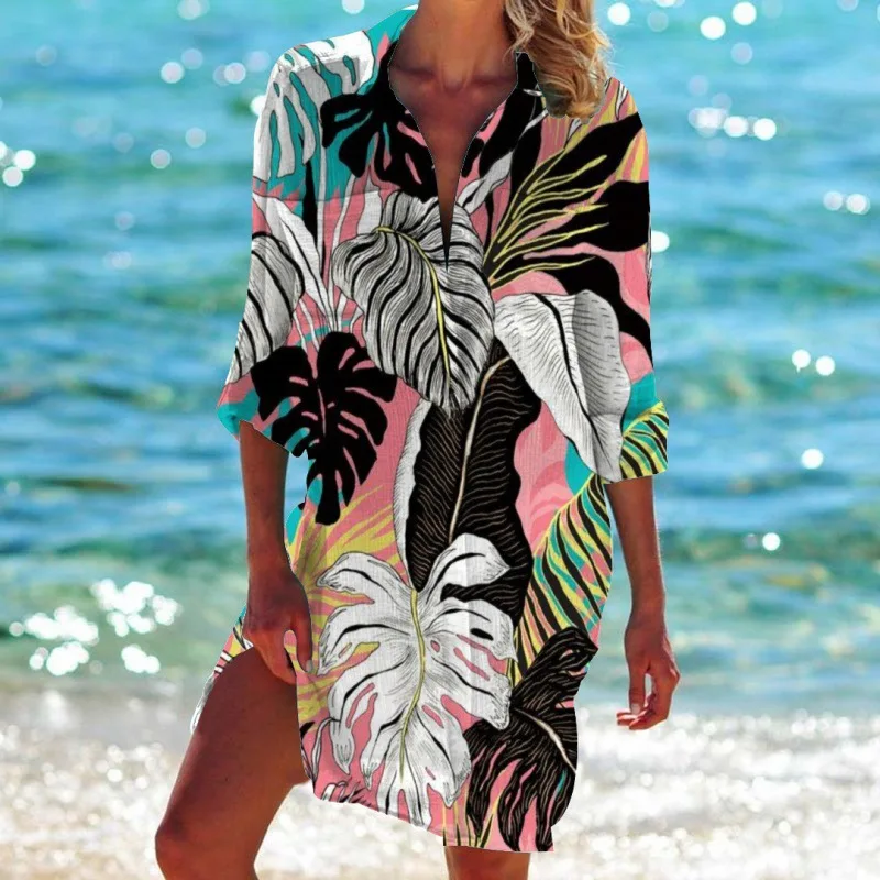 Summer Hawaii Beach Sunflower Leaf 3D Print Blouses Women Long Sleeve Mid-length Shirts Buttons Shirt Blouse Girls Pocket Tops