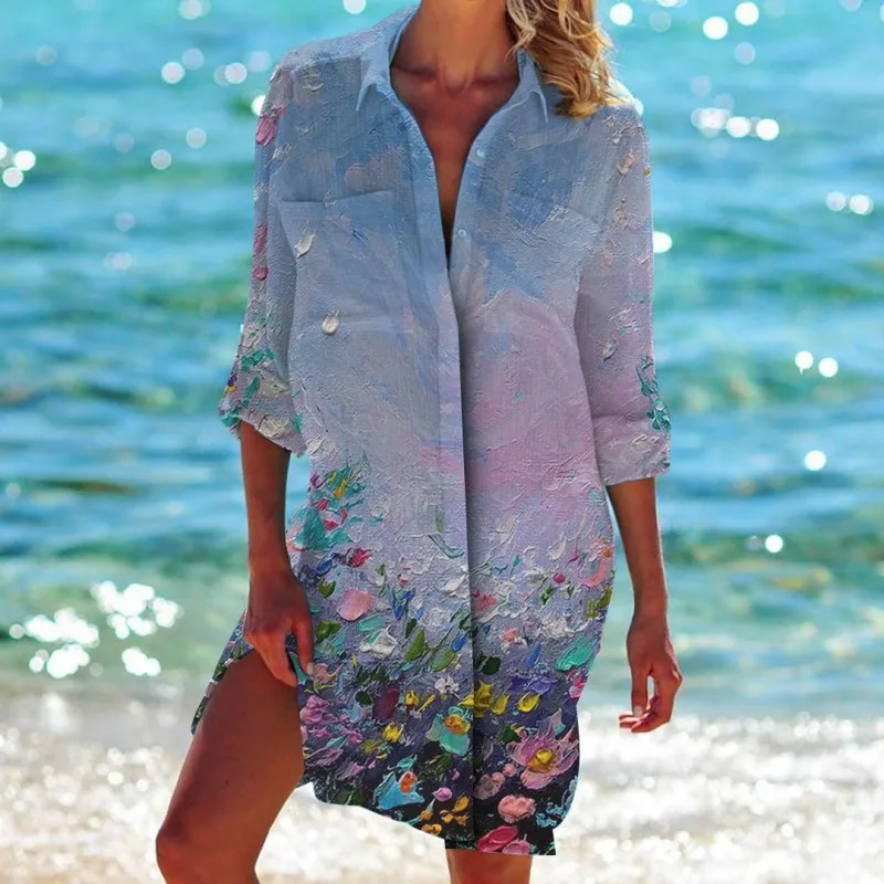 Summer Hawaii Beach Sunflower Leaf 3D Print Blouses Women Long Sleeve Mid-length Shirts Buttons Shirt Blouse Girls Pocket Tops