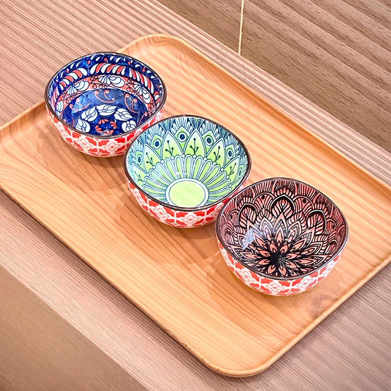 3/6PCS Bohemian Ceramic Sauce Bowls - Small Dishes for Home Cooking, Sushi, BBQ,Snacks | Dishwasher/Microwave Safe for Home