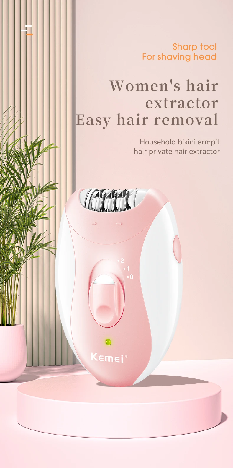 Kemei Women Epilator Electric Hair Removal Facial Body Lady Bikini Legs Arms Armpit Hair Remover Underarms Rechargeable