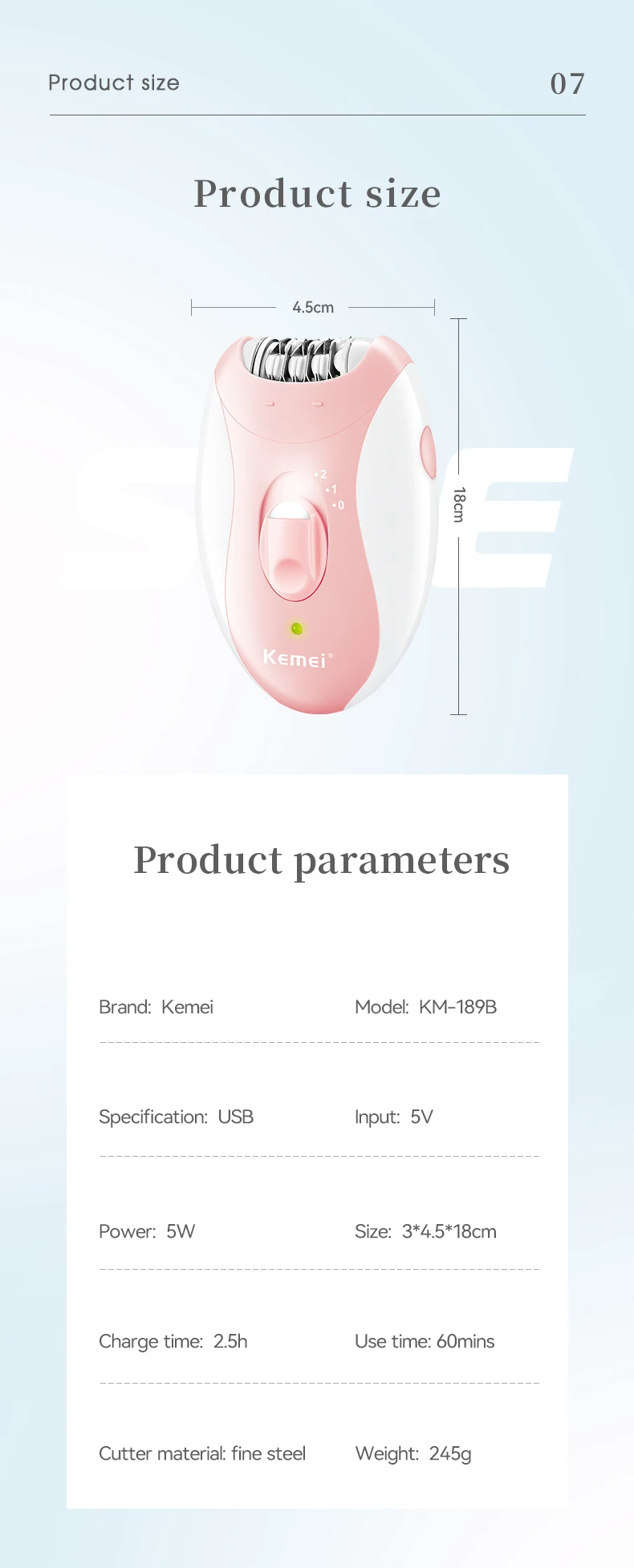 Kemei Women Epilator Electric Hair Removal Facial Body Lady Bikini Legs Arms Armpit Hair Remover Underarms Rechargeable
