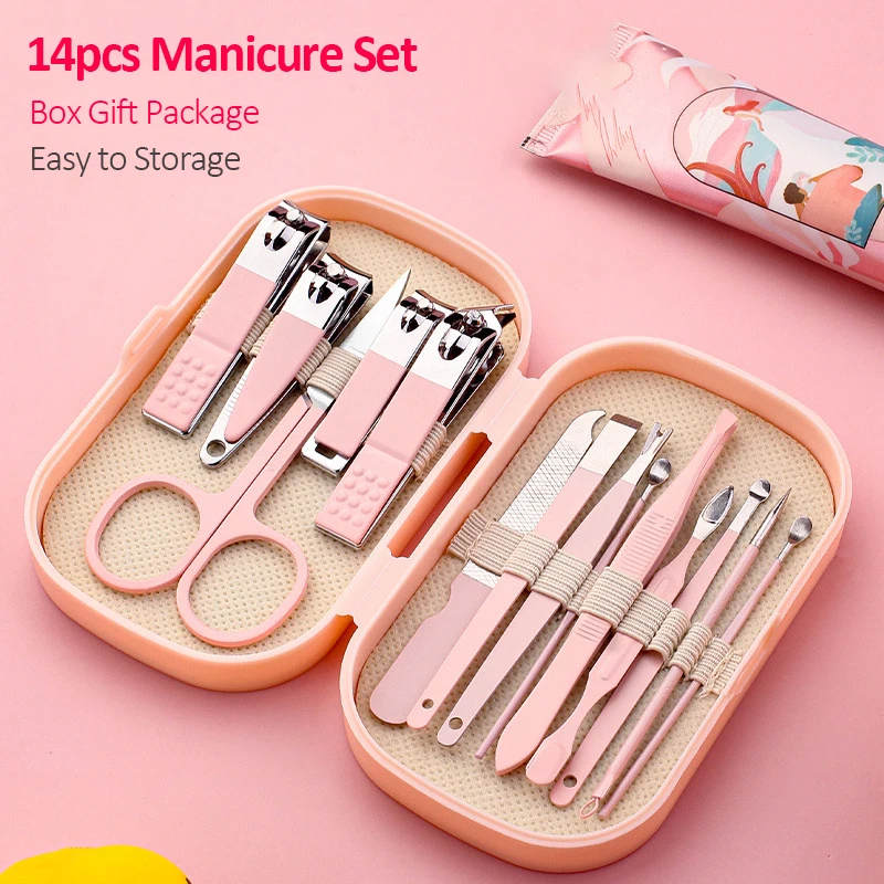 14 Piece Deluxe Manicure & Pedicure Set Pink And Blue Stainless Steel Nail Scissors, Clippers, Ear Digging Spoon for Men & Women