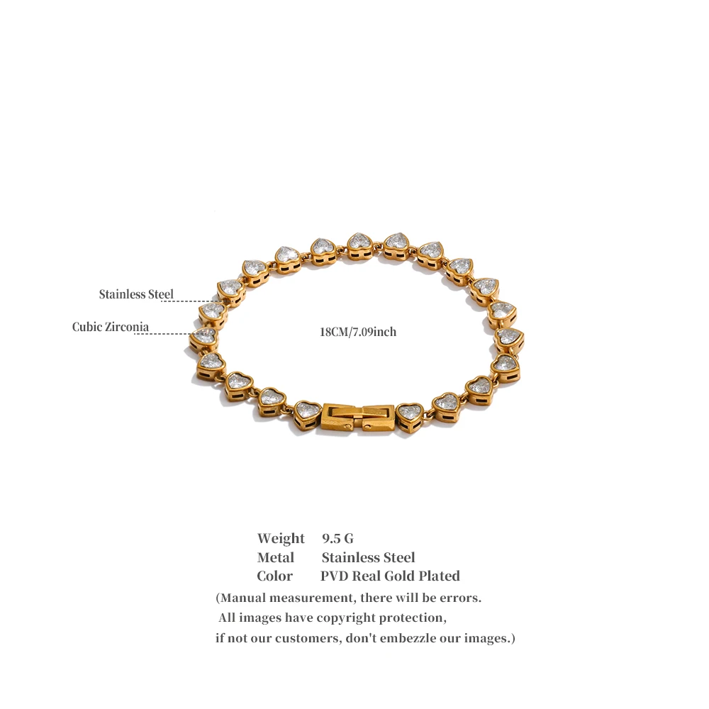 Yhpup Stainless Steel Cubic Zirconia Heart Love Chain Bracelet Bangle High Quality Trending Fantasy Wrist Jewelry