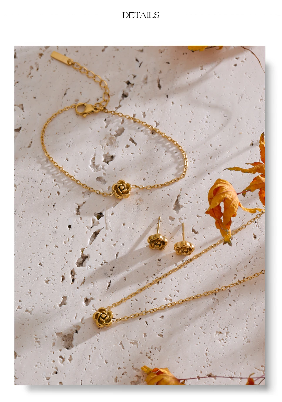 Yhpup Chic Stainless Steel Rose Flower Chain Necklace Bracelet Earrings Set Gold & Platinum PVD Waterproof Plated Daily Jewelry