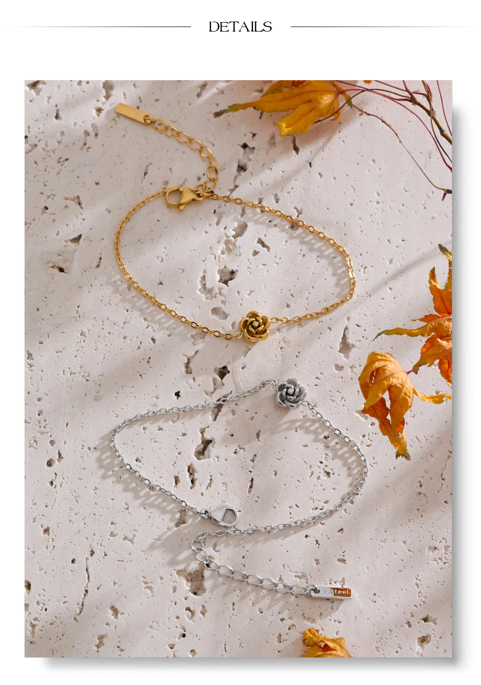 Yhpup Chic Stainless Steel Rose Flower Chain Necklace Bracelet Earrings Set Gold & Platinum PVD Waterproof Plated Daily Jewelry