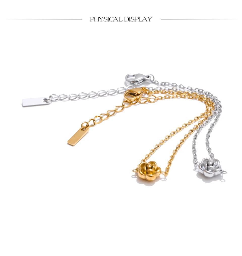 Yhpup Chic Stainless Steel Rose Flower Chain Necklace Bracelet Earrings Set Gold & Platinum PVD Waterproof Plated Daily Jewelry