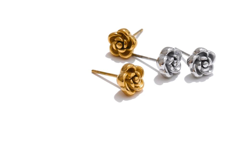 Yhpup Chic Stainless Steel Rose Flower Chain Necklace Bracelet Earrings Set Gold & Platinum PVD Waterproof Plated Daily Jewelry