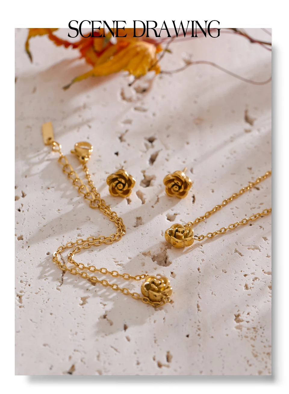 Yhpup Chic Stainless Steel Rose Flower Chain Necklace Bracelet Earrings Set Gold & Platinum PVD Waterproof Plated Daily Jewelry