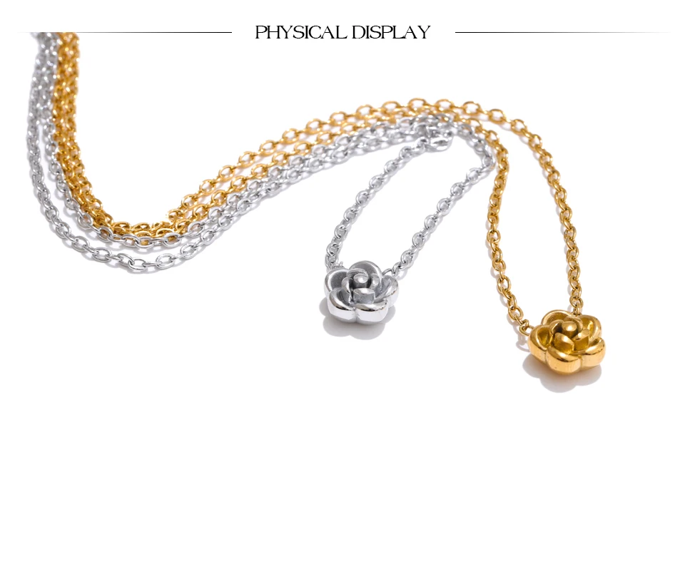 Yhpup Chic Stainless Steel Rose Flower Chain Necklace Bracelet Earrings Set Gold & Platinum PVD Waterproof Plated Daily Jewelry