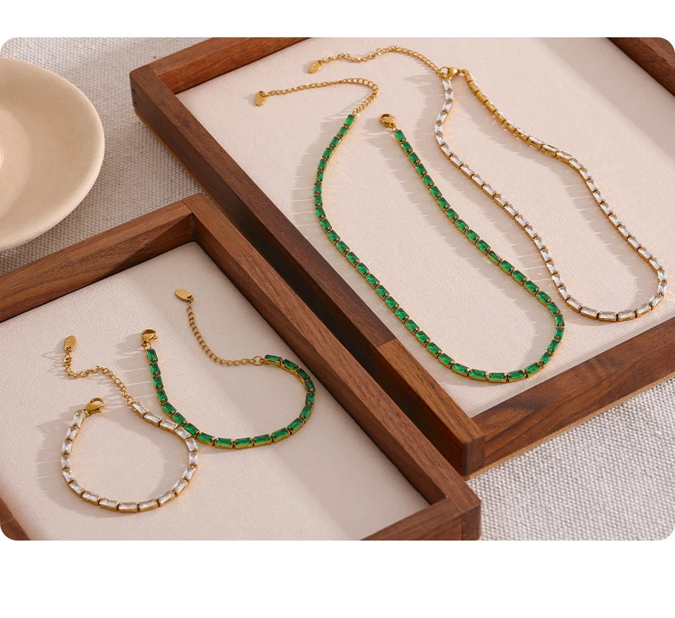Yhpup Waterproof Fashion White Green Cubic Zirconia Stainless Steel Gorgeous Necklace Bracelet Elegant Charm Jewelry Sets Women