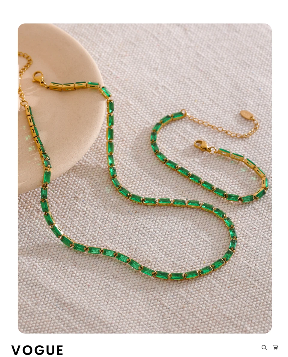 Yhpup Waterproof Fashion White Green Cubic Zirconia Stainless Steel Gorgeous Necklace Bracelet Elegant Charm Jewelry Sets Women