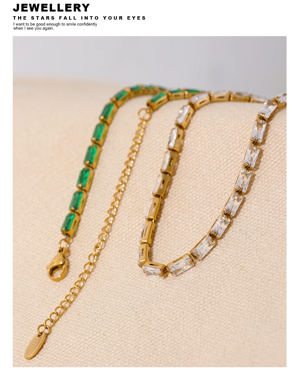 Yhpup Waterproof Fashion White Green Cubic Zirconia Stainless Steel Gorgeous Necklace Bracelet Elegant Charm Jewelry Sets Women