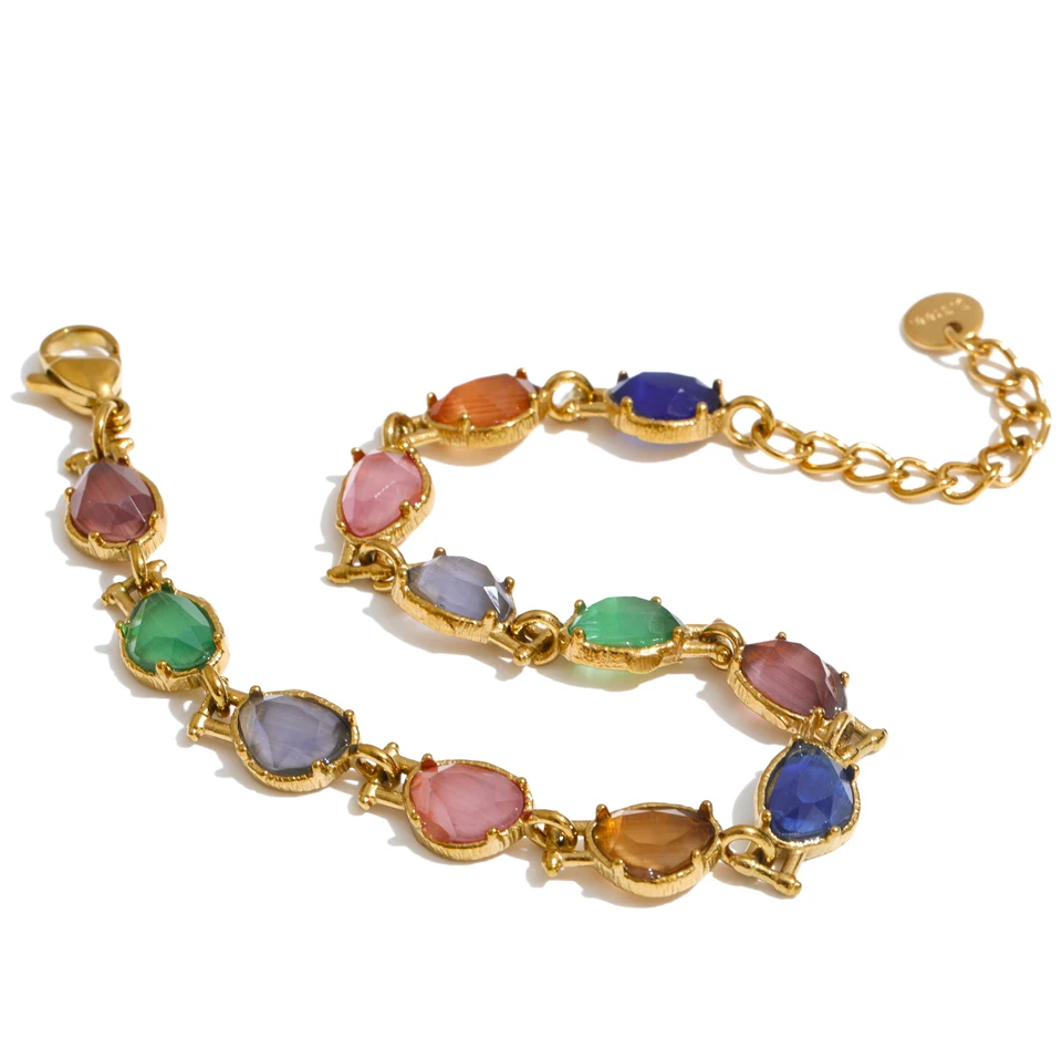 Yhpup Stainless Steel Colorful Opal Stone Chain Bracelet Bangle Exquisite Arrivals Women Jewelry 18K PVD Plated Gift