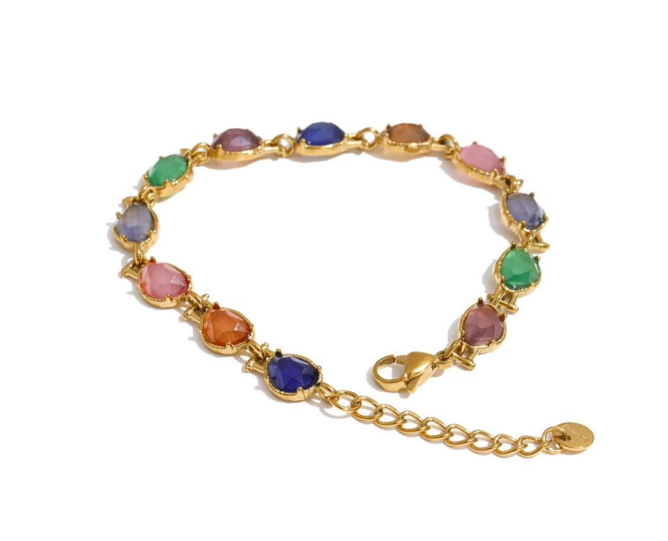 Yhpup Stainless Steel Colorful Opal Stone Chain Bracelet Bangle Exquisite Arrivals Women Jewelry 18K PVD Plated Gift