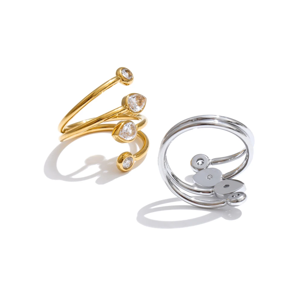 Yhpup Stainless Steel Zirconia Teardrop Round Layered Adjustable Ring New Arrivals Creativity Fashion Jewelry Gift