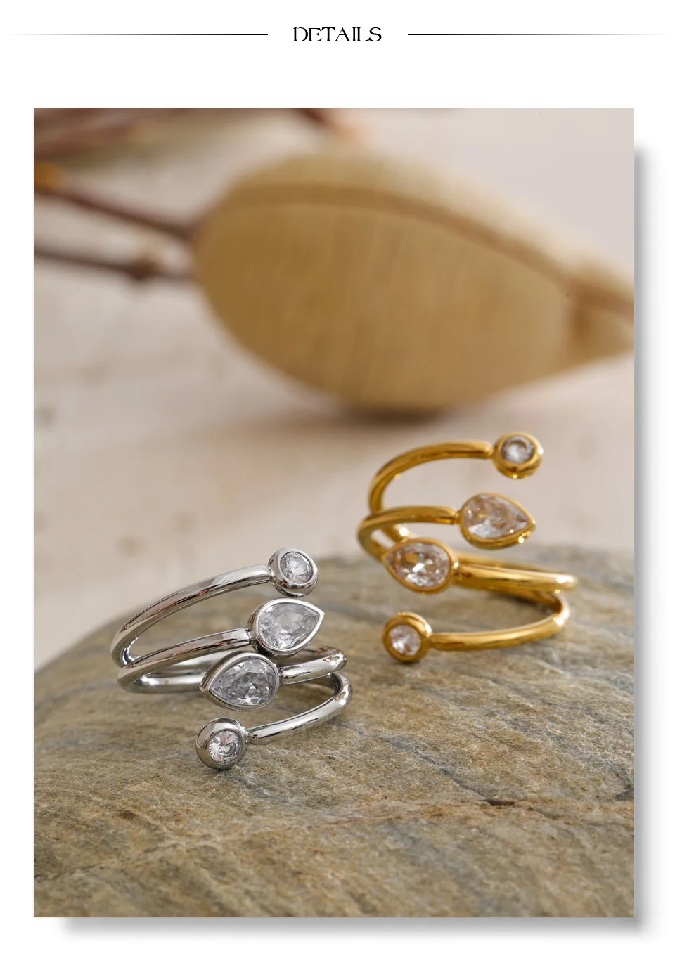 Yhpup Stainless Steel Zirconia Teardrop Round Layered Adjustable Ring New Arrivals Creativity Fashion Jewelry Gift