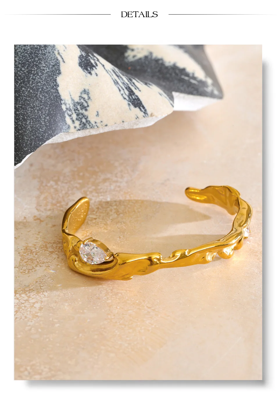 Yhpup 55mm Stainless Steel Zirconia Casting Cuff Bracelet Bangle PVD Plated Waterproof High Quality Personalized Golden Jewelry