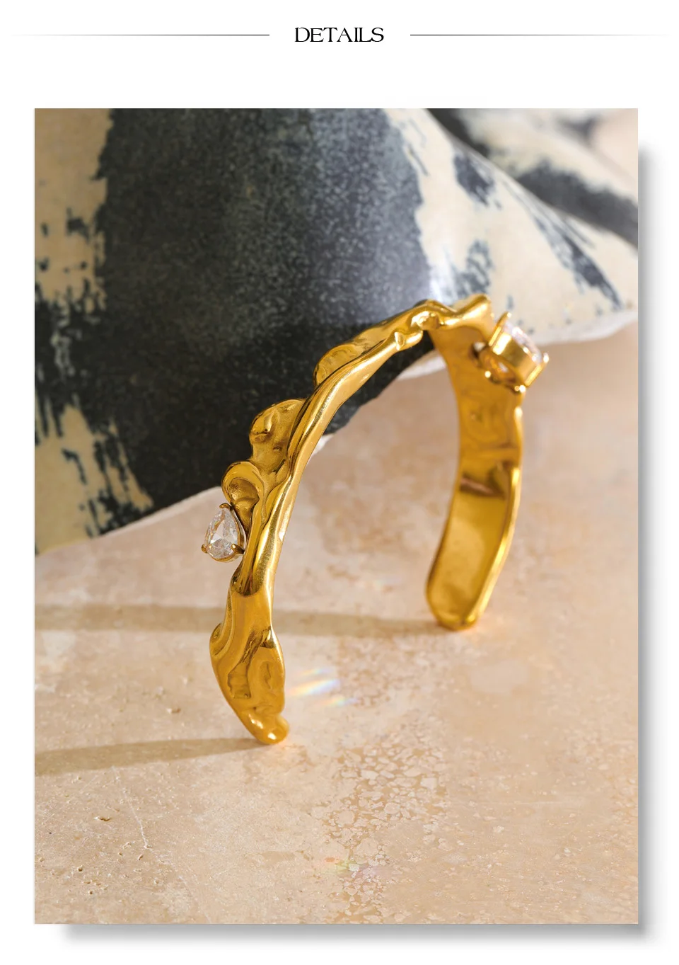 Yhpup 55mm Stainless Steel Zirconia Casting Cuff Bracelet Bangle PVD Plated Waterproof High Quality Personalized Golden Jewelry