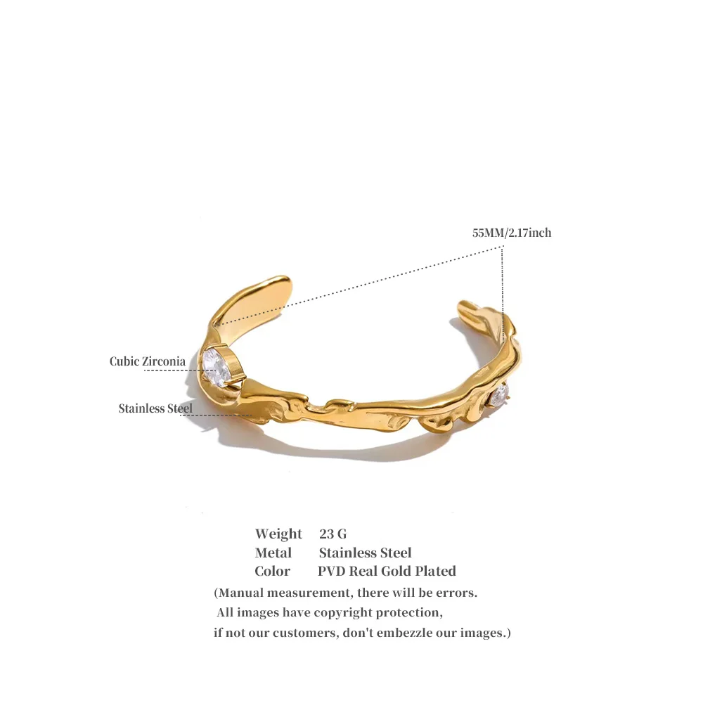 Yhpup 55mm Stainless Steel Zirconia Casting Cuff Bracelet Bangle PVD Plated Waterproof High Quality Personalized Golden Jewelry