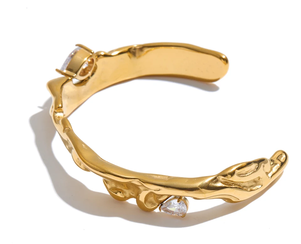 Yhpup 55mm Stainless Steel Zirconia Casting Cuff Bracelet Bangle PVD Plated Waterproof High Quality Personalized Golden Jewelry
