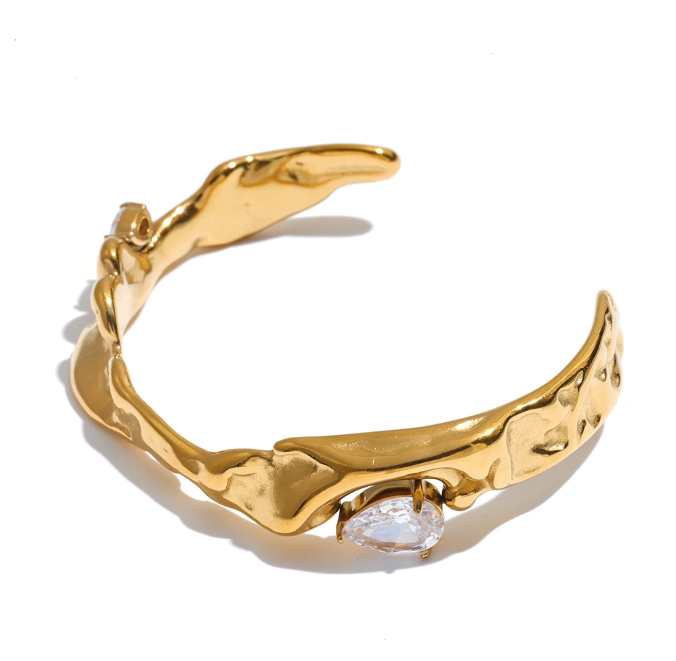 Yhpup 55mm Stainless Steel Zirconia Casting Cuff Bracelet Bangle PVD Plated Waterproof High Quality Personalized Golden Jewelry