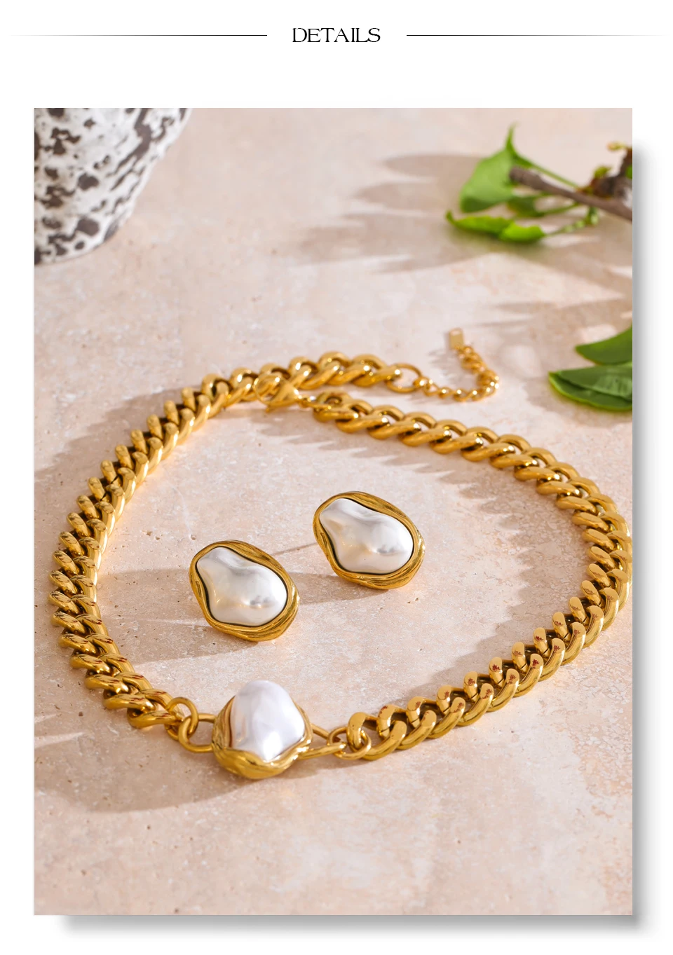 Yhpup Popular Baroque Simulated Pearls Golden Cuban Chain Necklace Earrings Vintage Stainless Steel Elegance Jewelry Gift