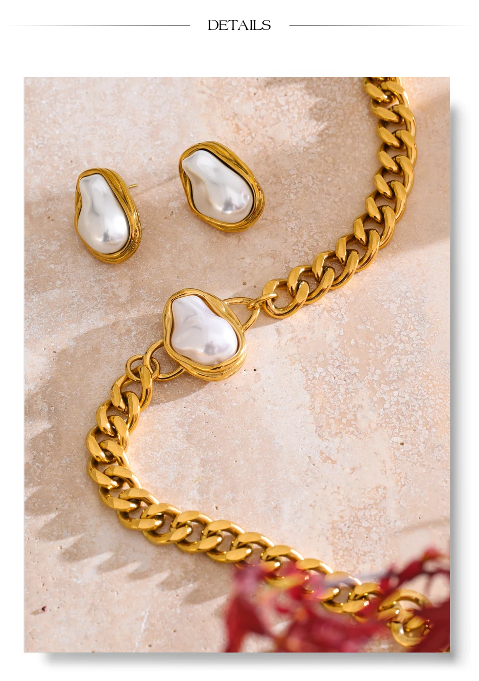Yhpup Popular Baroque Simulated Pearls Golden Cuban Chain Necklace Earrings Vintage Stainless Steel Elegance Jewelry Gift