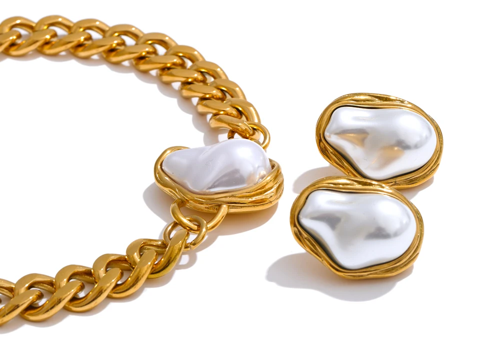 Yhpup Popular Baroque Simulated Pearls Golden Cuban Chain Necklace Earrings Vintage Stainless Steel Elegance Jewelry Gift