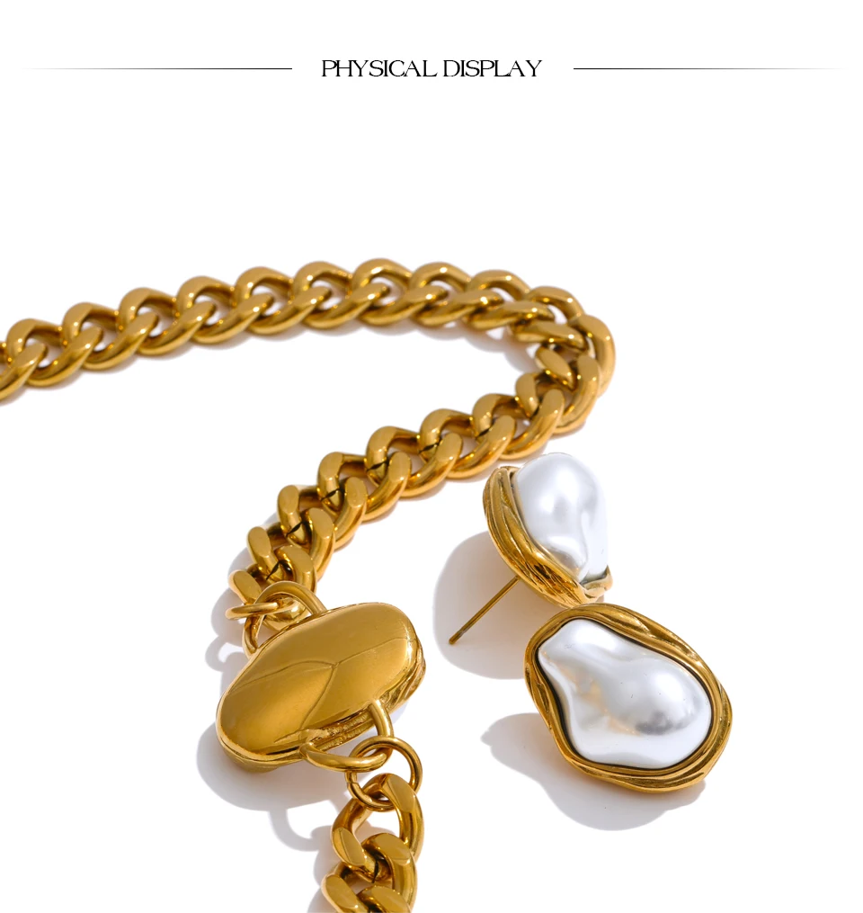 Yhpup Popular Baroque Simulated Pearls Golden Cuban Chain Necklace Earrings Vintage Stainless Steel Elegance Jewelry Gift