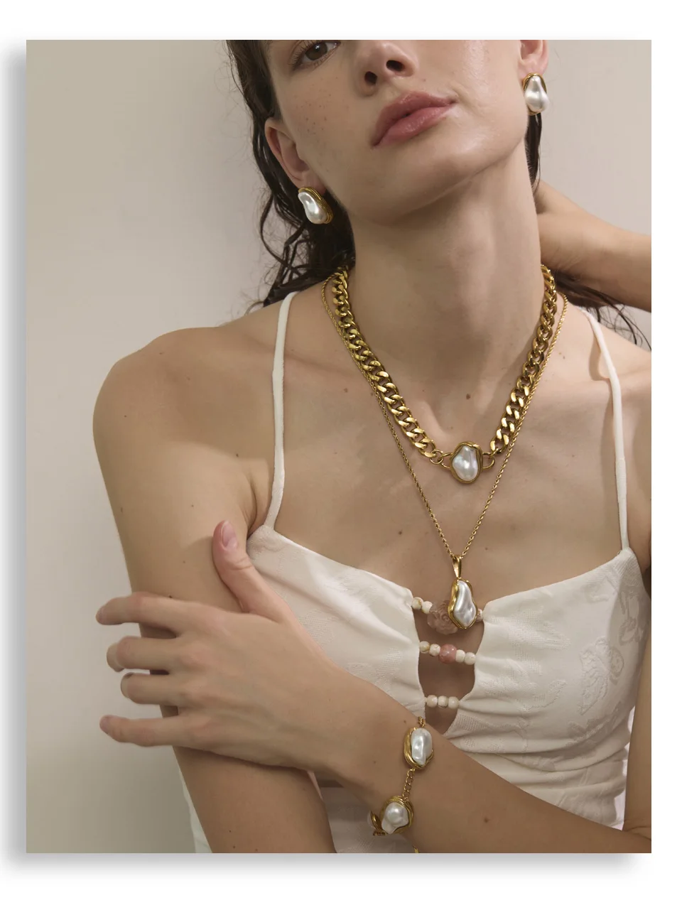 Yhpup Popular Baroque Simulated Pearls Golden Cuban Chain Necklace Earrings Vintage Stainless Steel Elegance Jewelry Gift