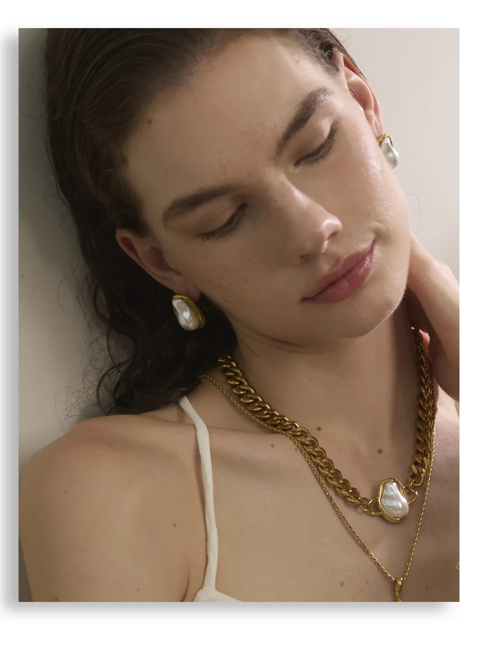 Yhpup Popular Baroque Simulated Pearls Golden Cuban Chain Necklace Earrings Vintage Stainless Steel Elegance Jewelry Gift