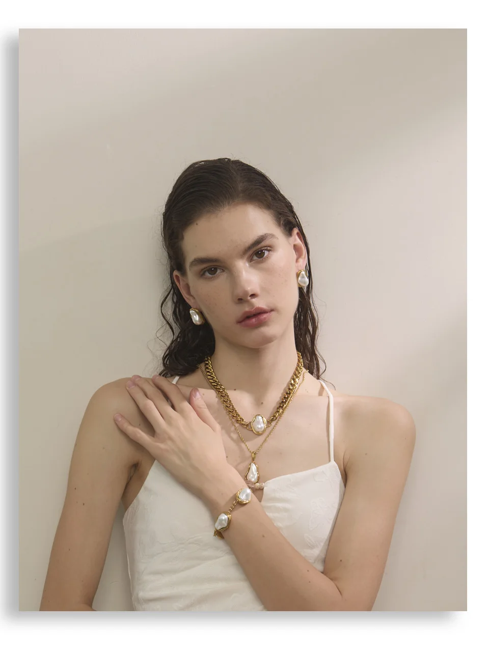 Yhpup Popular Baroque Simulated Pearls Golden Cuban Chain Necklace Earrings Vintage Stainless Steel Elegance Jewelry Gift