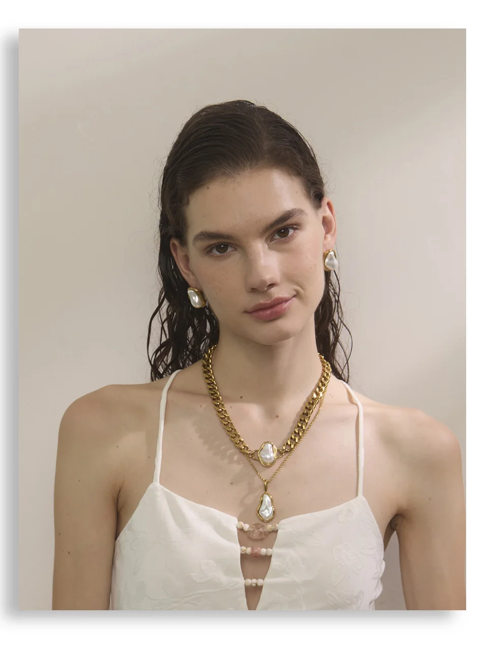 Yhpup Popular Baroque Simulated Pearls Golden Cuban Chain Necklace Earrings Vintage Stainless Steel Elegance Jewelry Gift