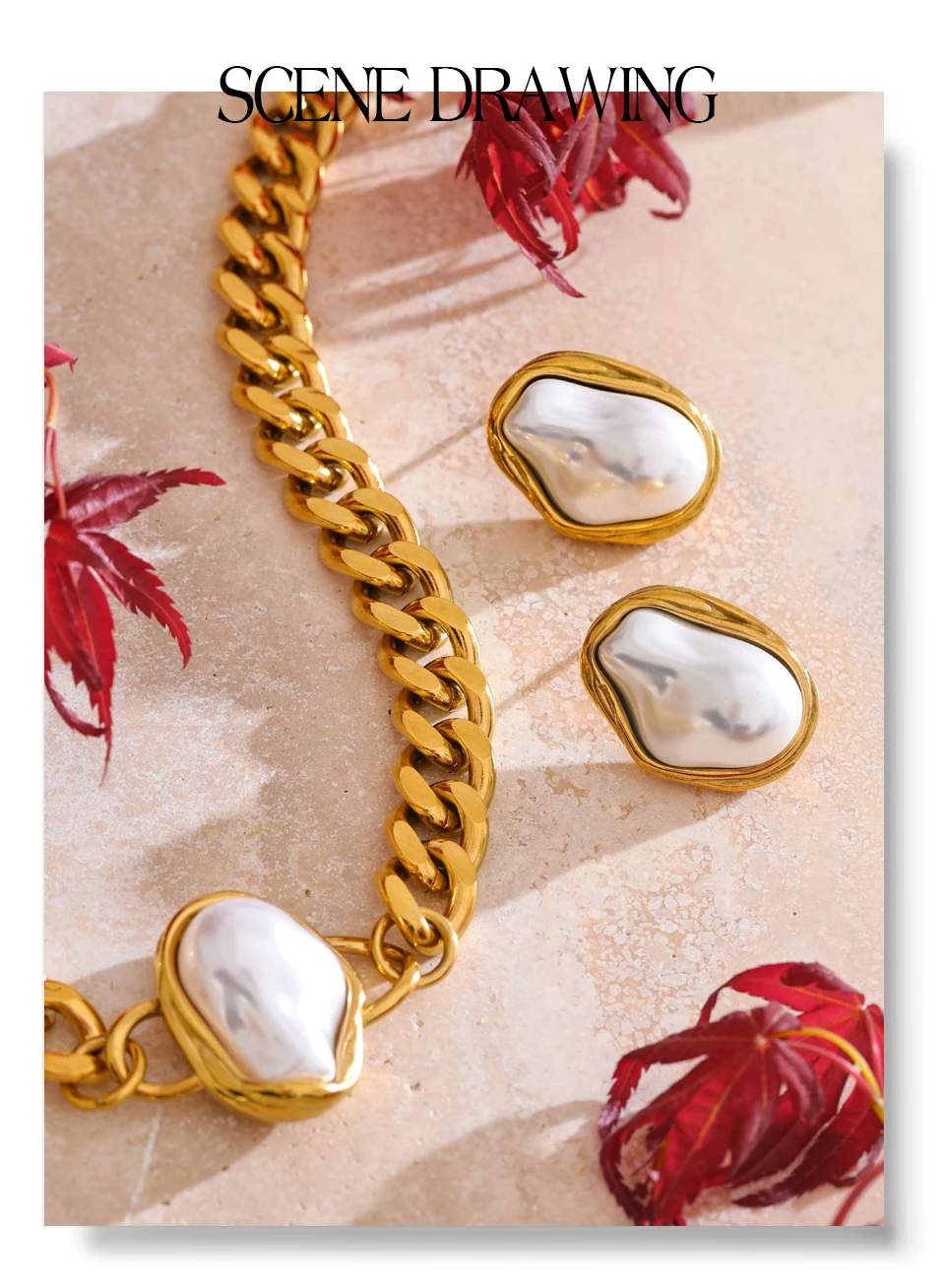 Yhpup Popular Baroque Simulated Pearls Golden Cuban Chain Necklace Earrings Vintage Stainless Steel Elegance Jewelry Gift