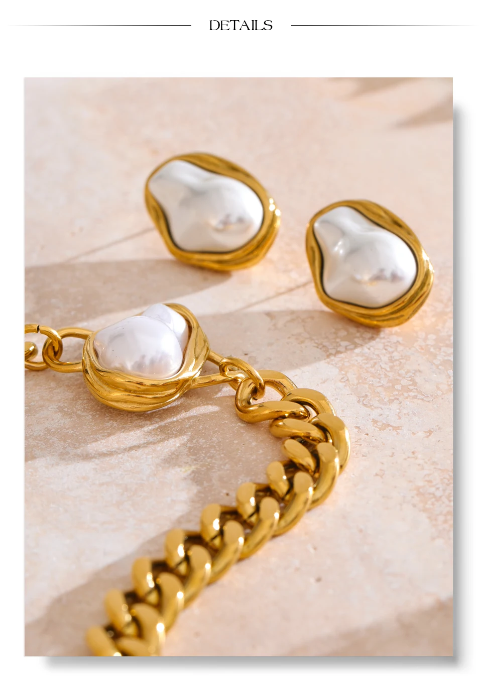 Yhpup Popular Baroque Simulated Pearls Golden Cuban Chain Necklace Earrings Vintage Stainless Steel Elegance Jewelry Gift