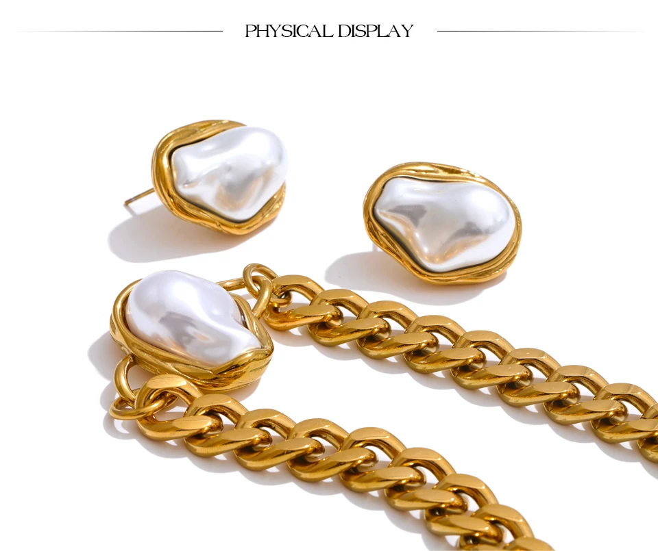 Yhpup Popular Baroque Simulated Pearls Golden Cuban Chain Necklace Earrings Vintage Stainless Steel Elegance Jewelry Gift