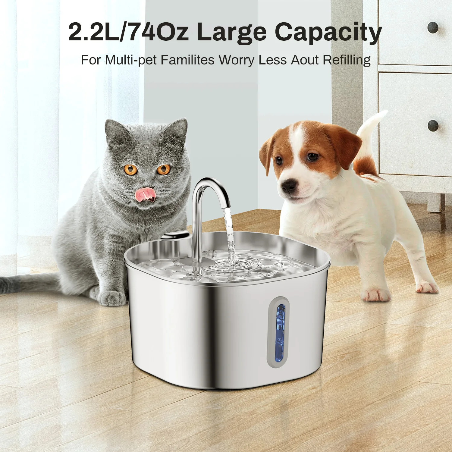 ZYFeeder 2.2L Automatic Water Fountain Stainless Steel Pet Water Feeder Cat/Dog Drink Bowl Water Dispenser Silent With Window