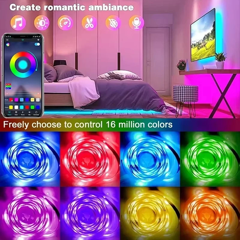 Smart USB RGB LED Tape Light Flexible Ribbon APP Controlled Music Sync Dimmable Strip for TV Background Game Room Decor Lighting