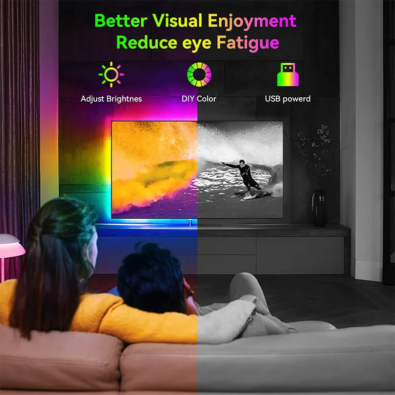 Smart USB RGB LED Tape Light Flexible Ribbon APP Controlled Music Sync Dimmable Strip for TV Background Game Room Decor Lighting