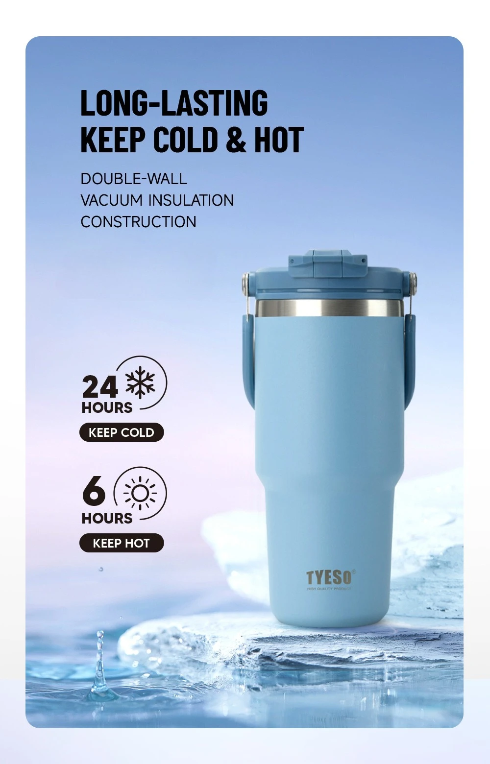 Tyeso Large-Capacity Thermoses Handle Vacuum Cup Dual-Drink Coffee Mug Stainless Steel Ice Cup Car Bottle Hot Cold Retention
