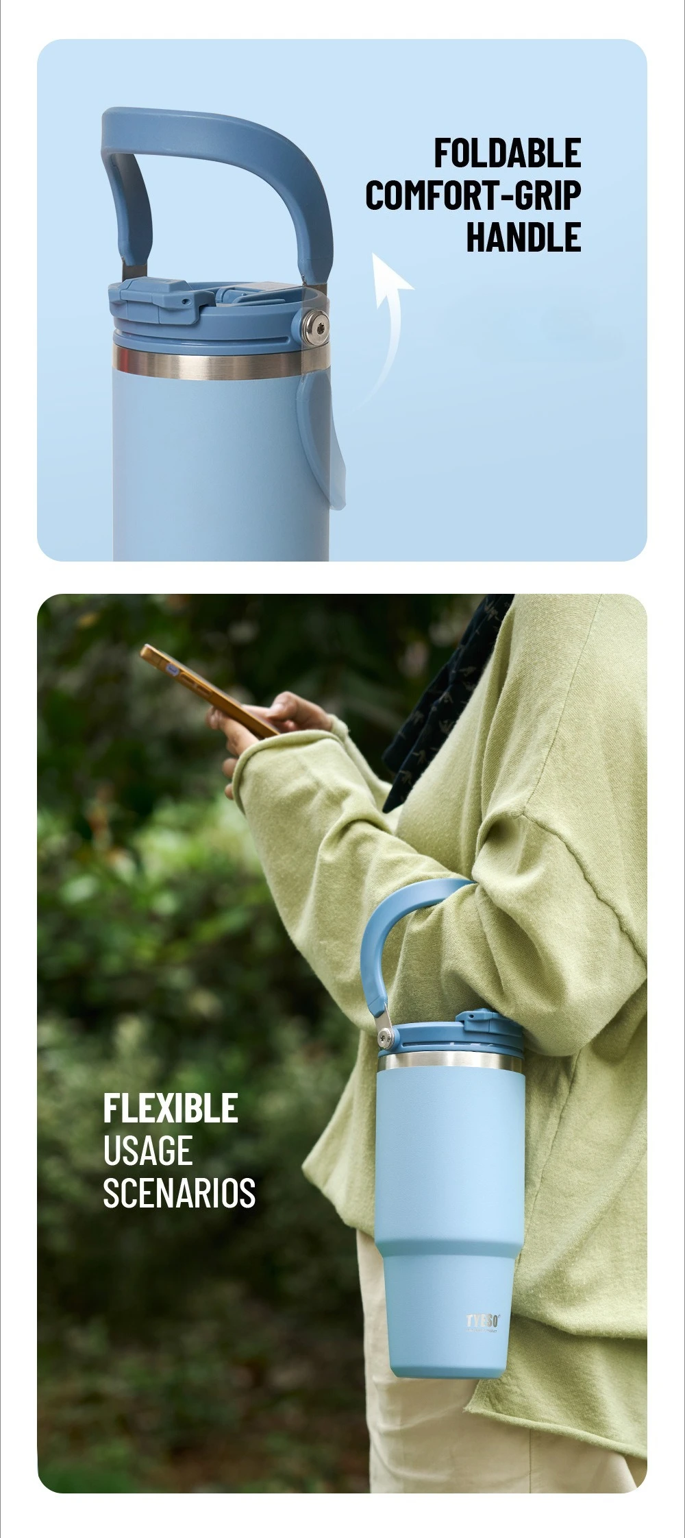 Tyeso Large-Capacity Thermoses Handle Vacuum Cup Dual-Drink Coffee Mug Stainless Steel Ice Cup Car Bottle Hot Cold Retention